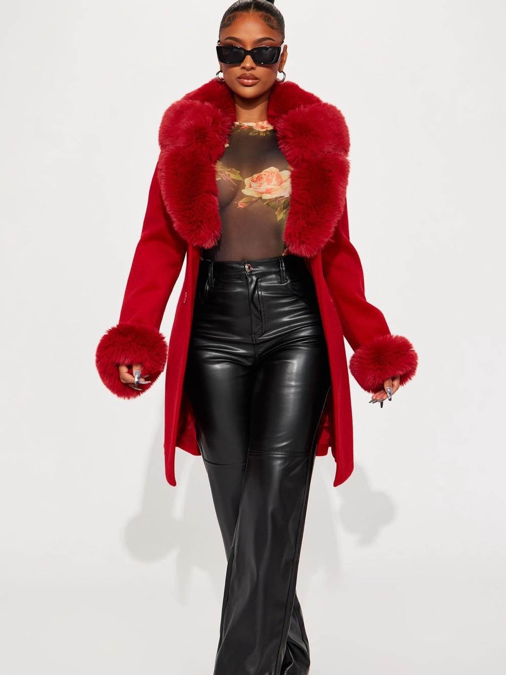 Fashion Nova Red Faux Fur-Trim Trench Coat